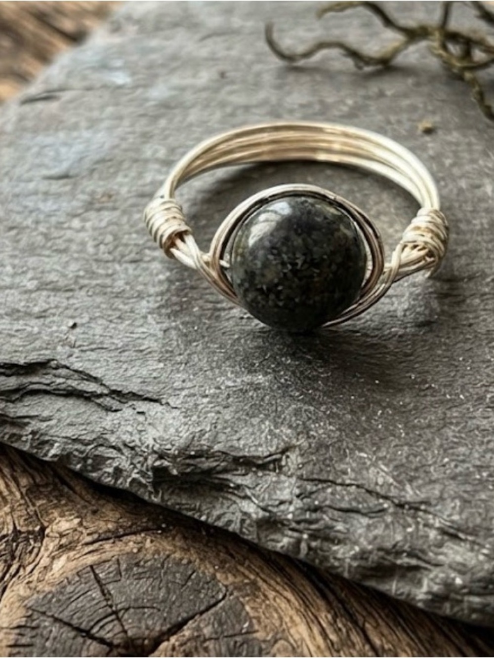 Handmade Silver Wire Wrapped Serpentine Stone Ring